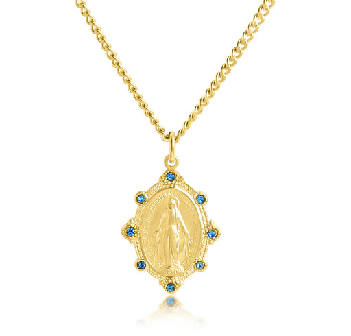 Gold Miraculous Medal with Sapphire Crystals Medal HMH 