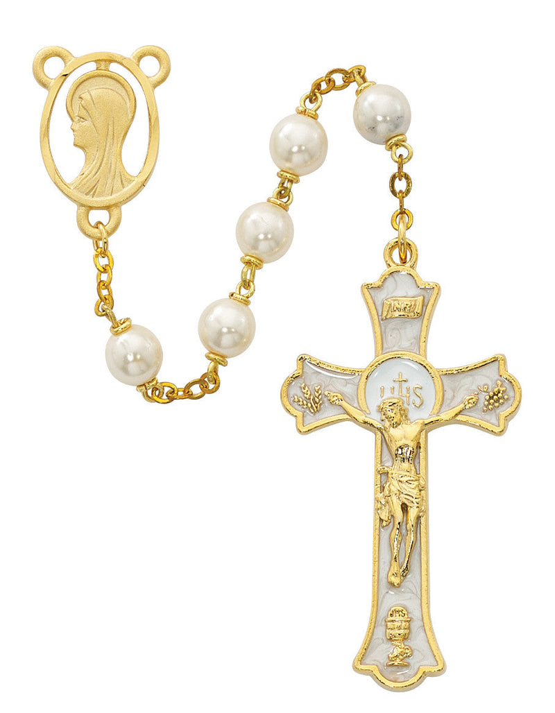 Gold and Pearl Rosary with Holy Mass Crucifix Rosary McVan 