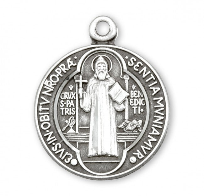 Saint Benedict Round Sterling Silver Die Struck Medal with 18" Chain Medal HMH 