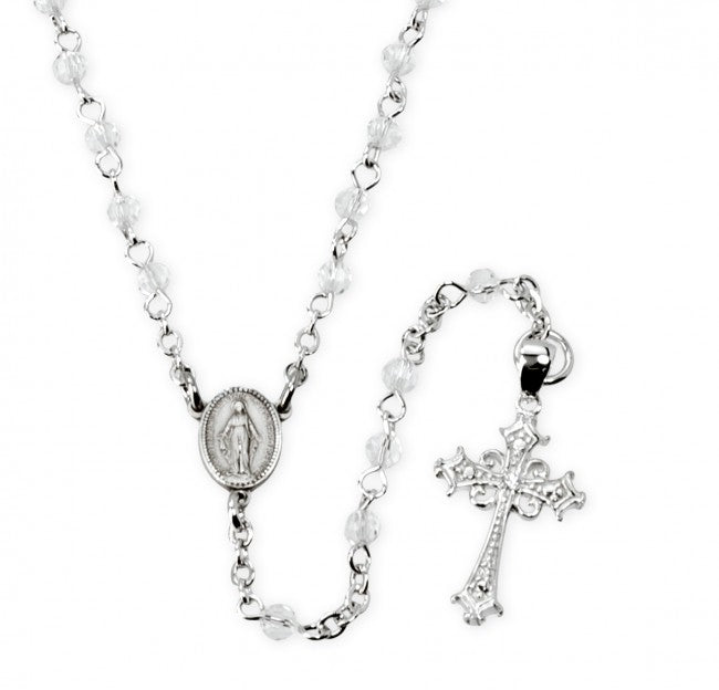 Clear Crystal Bead Sterling Silver Rosary Necklace Rosary HMH 