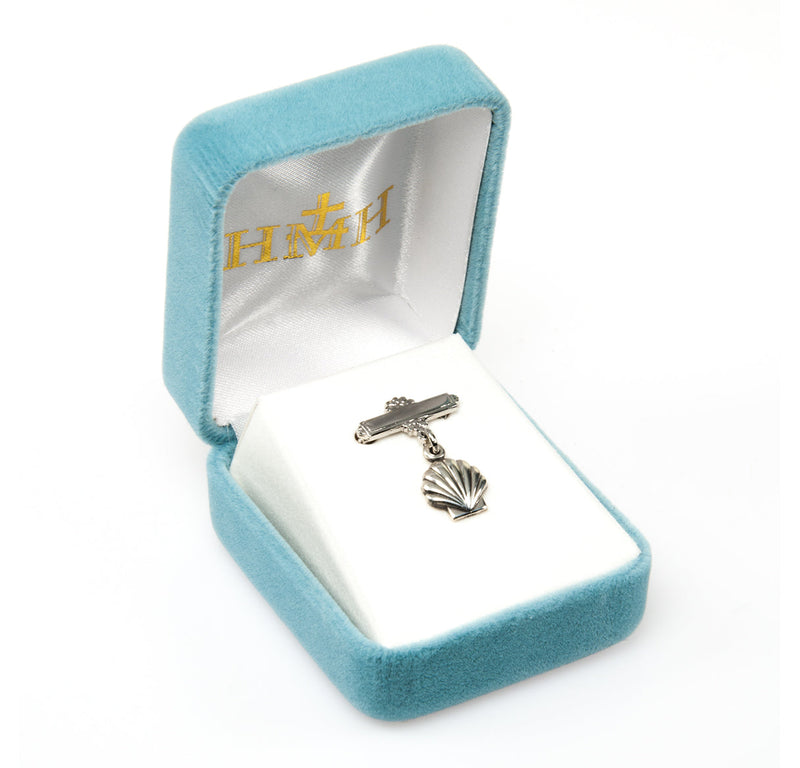 Sterling Silver Baby Holy Baptism Shell Medal on a Bar Pin HMH 