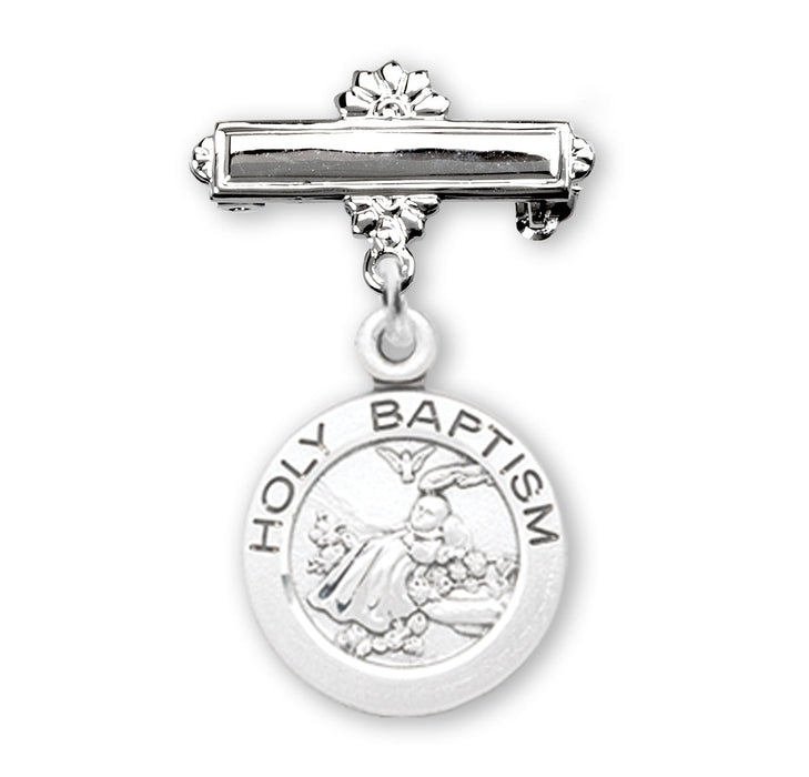 Sterling Silver Baby Holy Baptism Round Medal on a Bar Pin HMH 