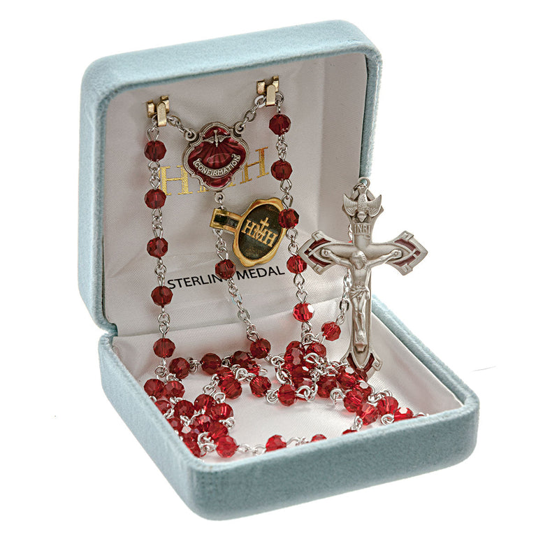 Ruby Round Bead Confirmation Rosary Sterling Crucifix and Centerpiece HMH 