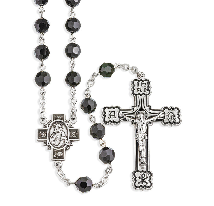 Sterling Silver Rosary with Jet Black Beads HMH 