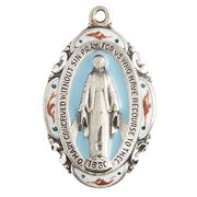 Silver/Blue Miraculous Medal with 18" Chain. The Roman Catholic Store 