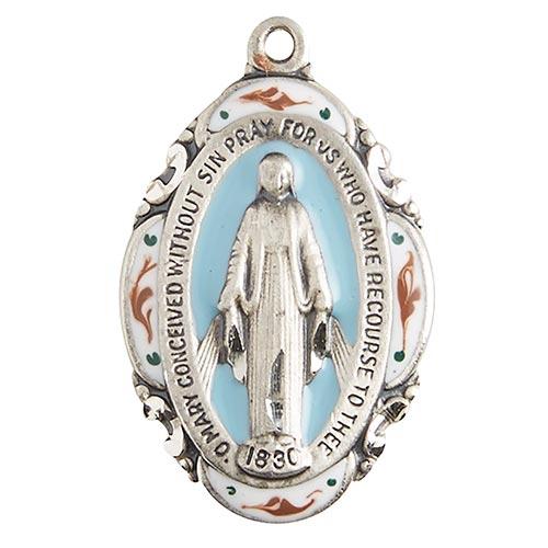 Silver/Blue Miraculous Medal with 18" Chain. The Roman Catholic Store 