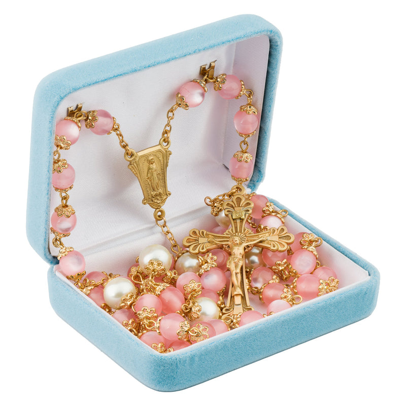 Vintage Brass Rosary with Pink Beads Rosary HMH 