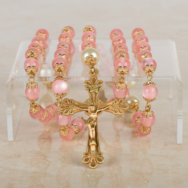 Vintage Brass Rosary with Pink Beads Rosary HMH 