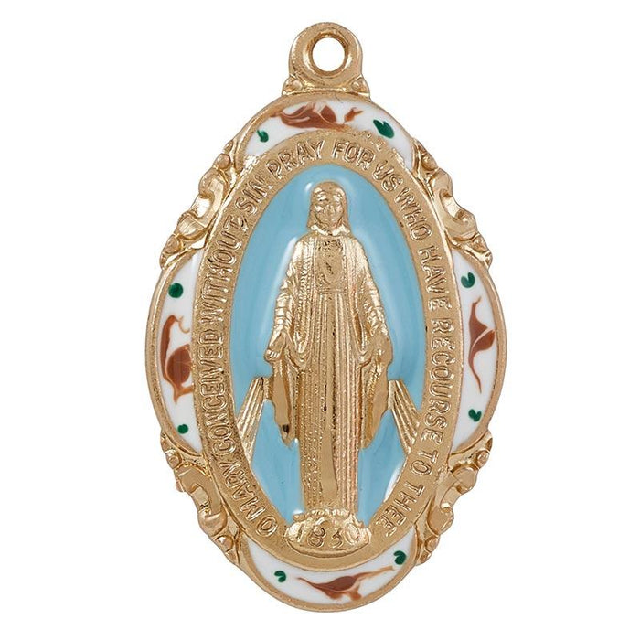 24kt Gold Plate Over Sterling Miraculous Medal With Blue Accent The Roman Catholic Store 