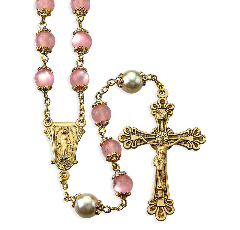 Vintage Brass Rosary with Pink Beads Rosary HMH 