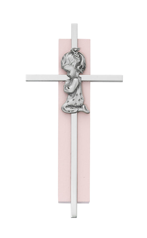 6'' Pink Wood Praying Girl on Silver Cross Cross Mcvan 