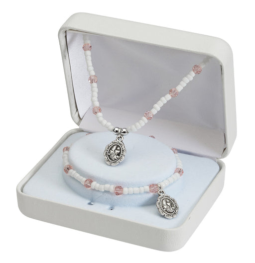 16" White & Pink Stretch Necklace and Bracelet With Communion Charm Bracelet McVan 