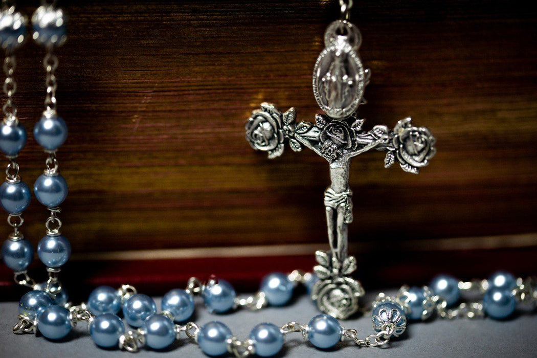 Swarovski Blue Pearl Creed® Rosary Necklace The Roman Catholic Store 