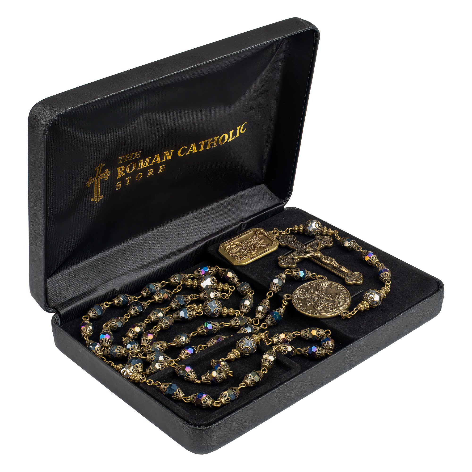 Elegant gold-tone rosary set with multifaceted beads, includes crucifix and medallion, in gift box.